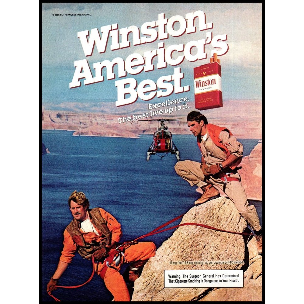 1985 Winston Filters Cigarettes Vintage Print Ad Rappelling Rescue Lake Wall Art